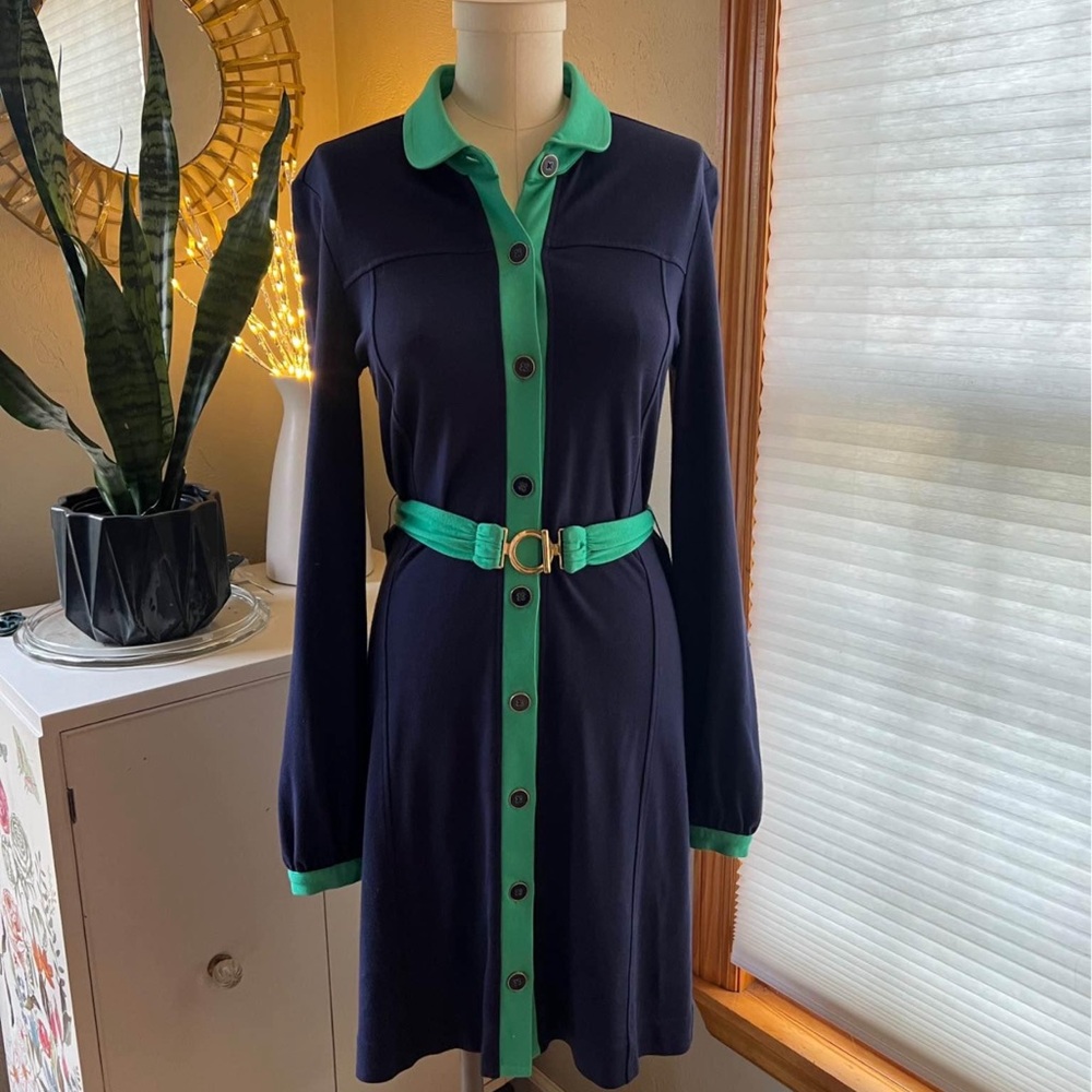 NEW LILLY PULITZER Loreen Dress Navy & Green Trim Button Front Belted Shirt Sm
